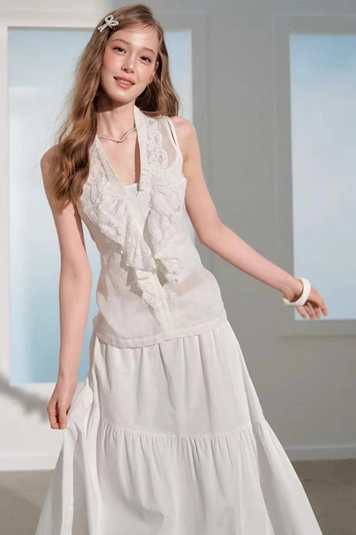 Ramie Ruffle Vest Skirt Suit Set-Up