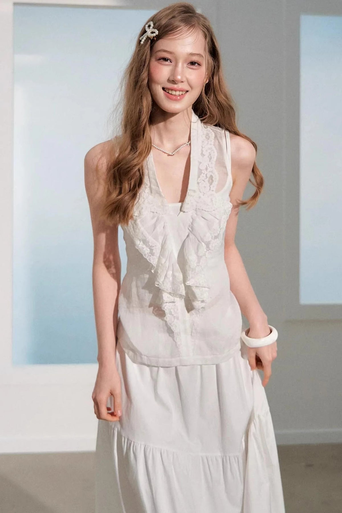 Ramie Ruffle Vest Skirt Suit Set-Up