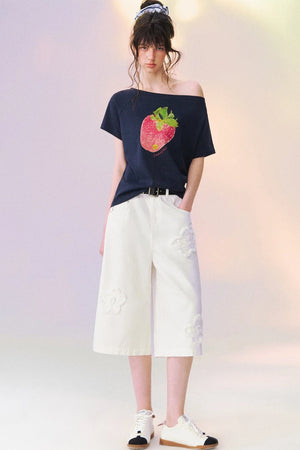 Raw Edge Floral Wide-Leg Pants