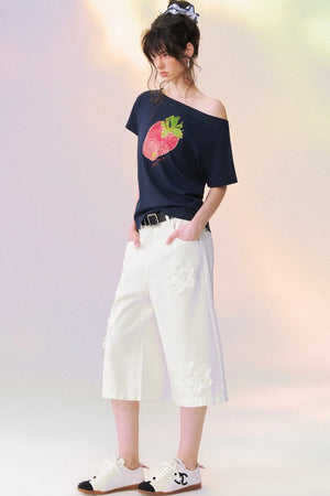 Raw Edge Floral Wide-Leg Pants