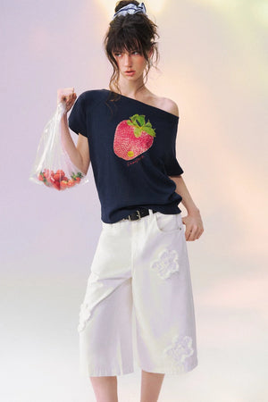 Raw Edge Floral Wide-Leg Pants