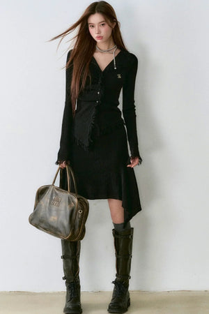 Raw Edges Irregular Knit Skirt Set-Up