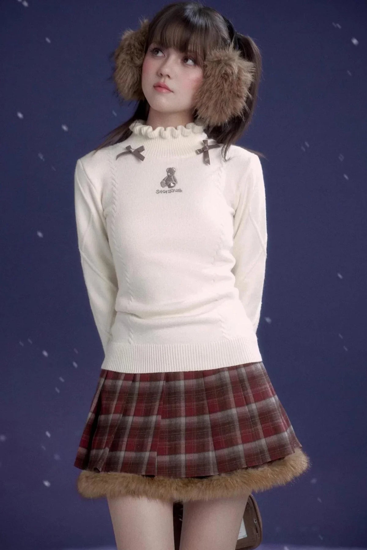 Red-Brown Plaid Skirt Coat Set-Up