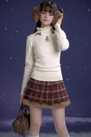 Red-Brown Plaid Skirt Coat Set-Up