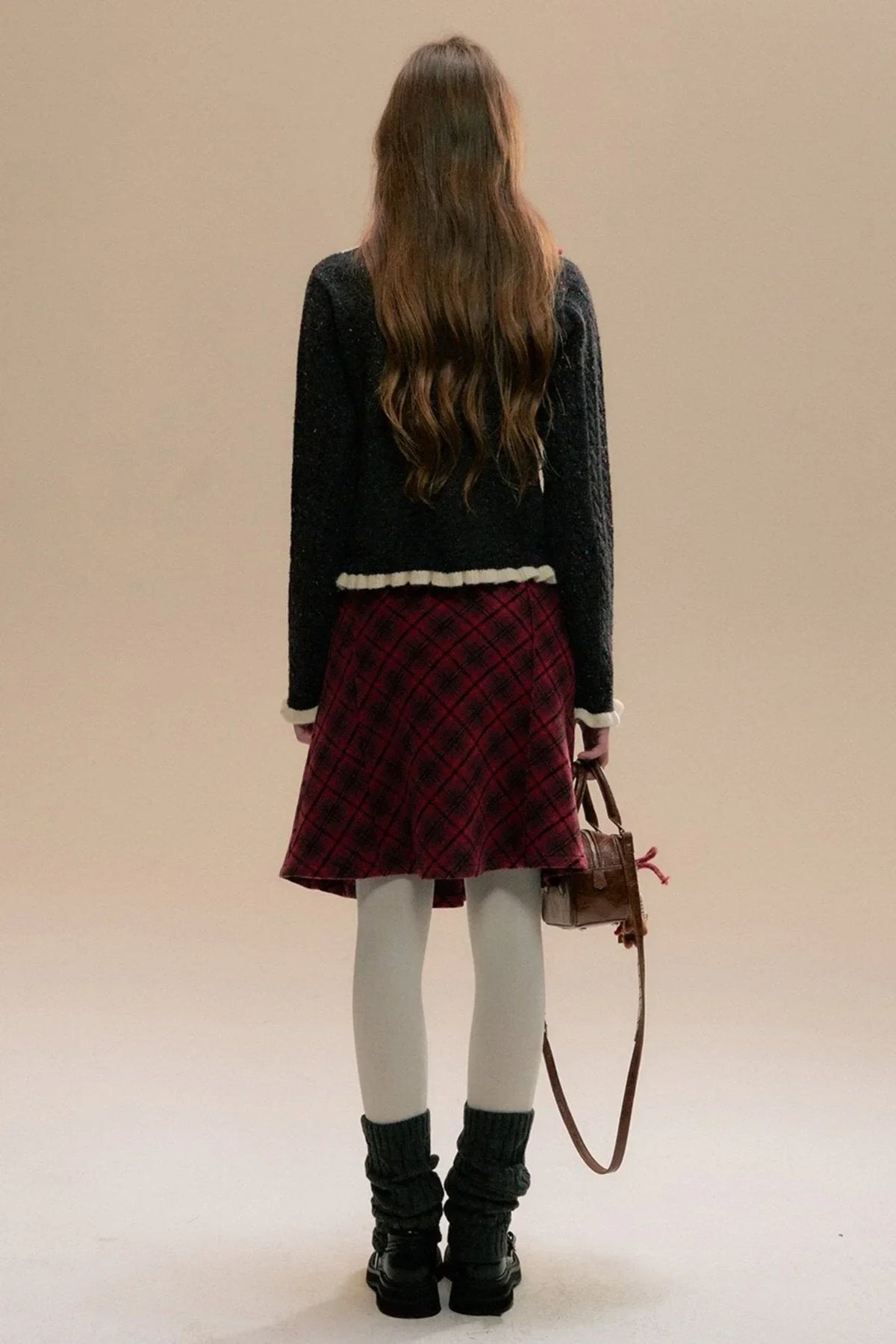 Red Check Tweed Pleated Skirt