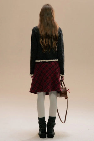 Red Check Tweed Pleated Skirt