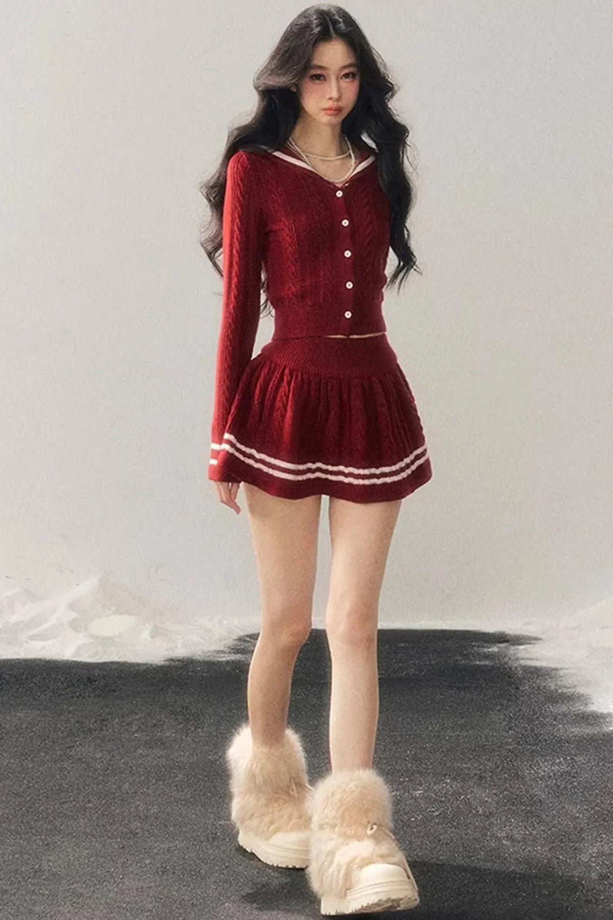 Red Evening Breeze Knitted Sweater Set-Up