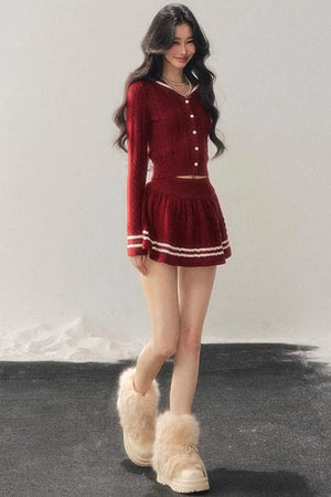 Red Evening Breeze Knitted Sweater Set-Up