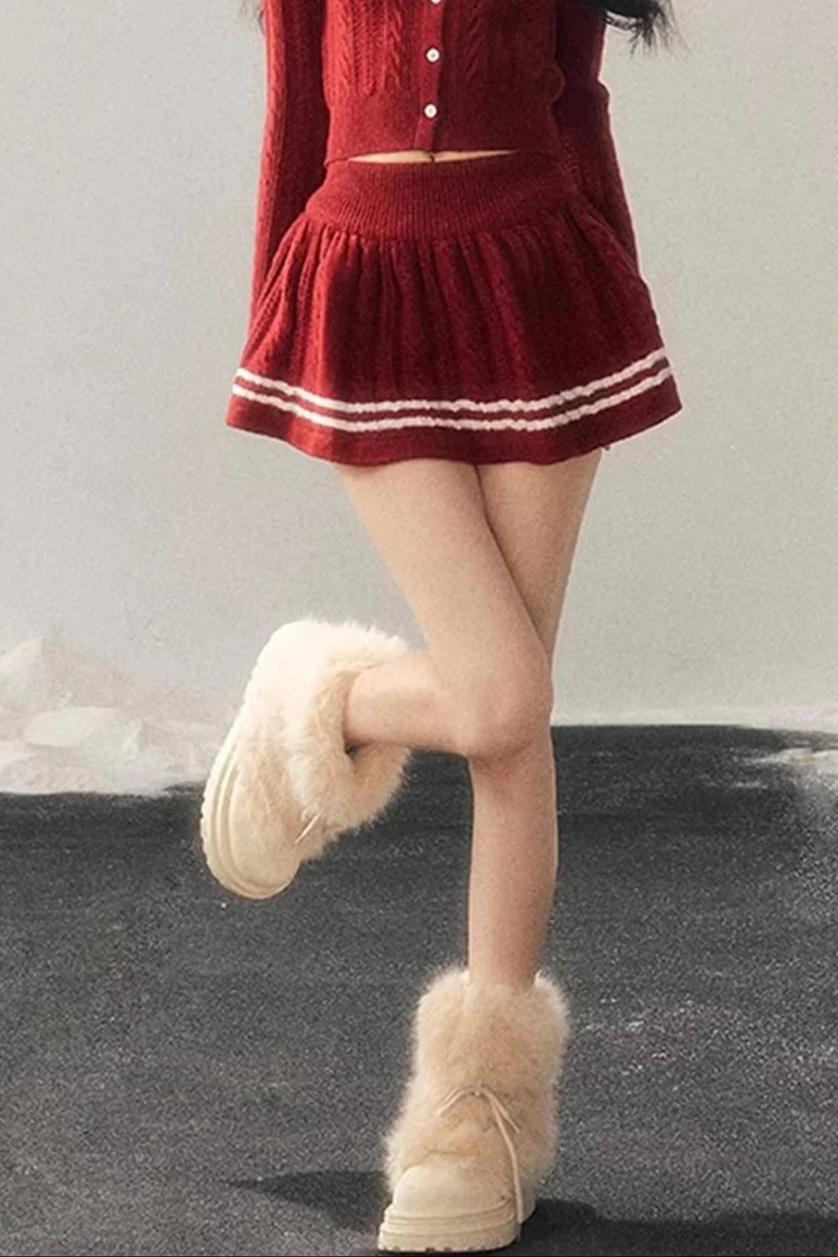 Red Evening Breeze Knitted Sweater Set-Up