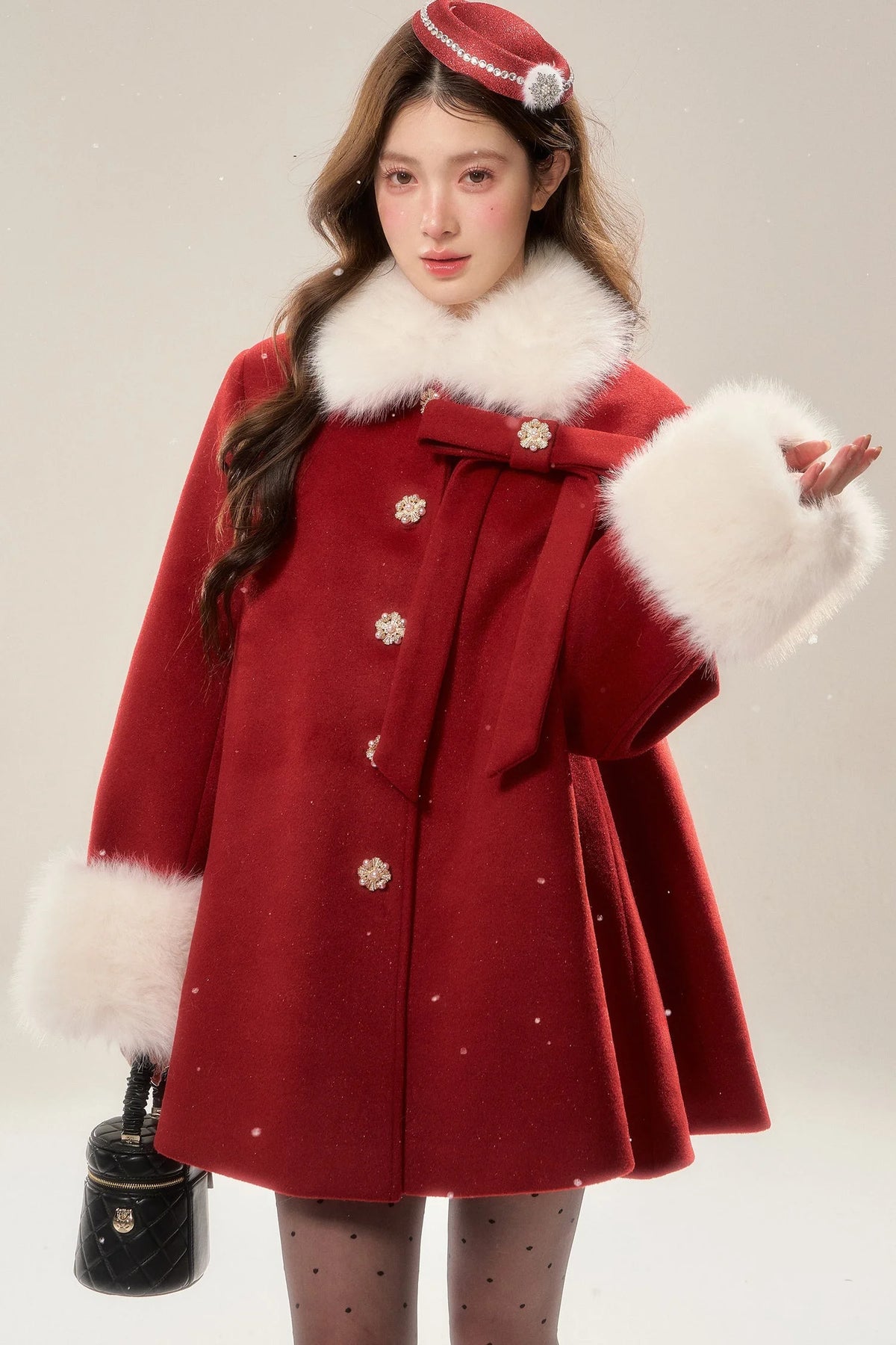 Red Faux Fur Trim Cape Coat