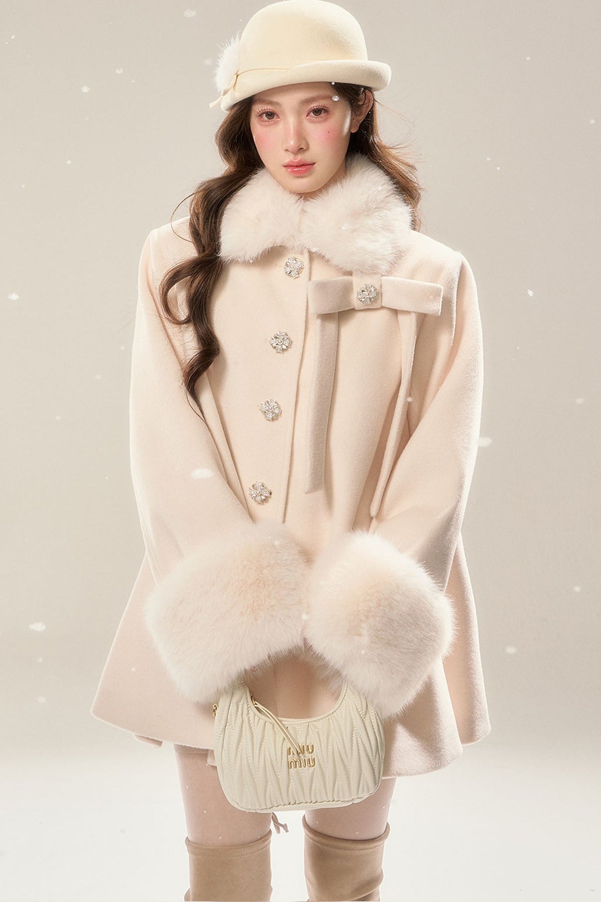 Red Faux Fur Trim Cape Coat
