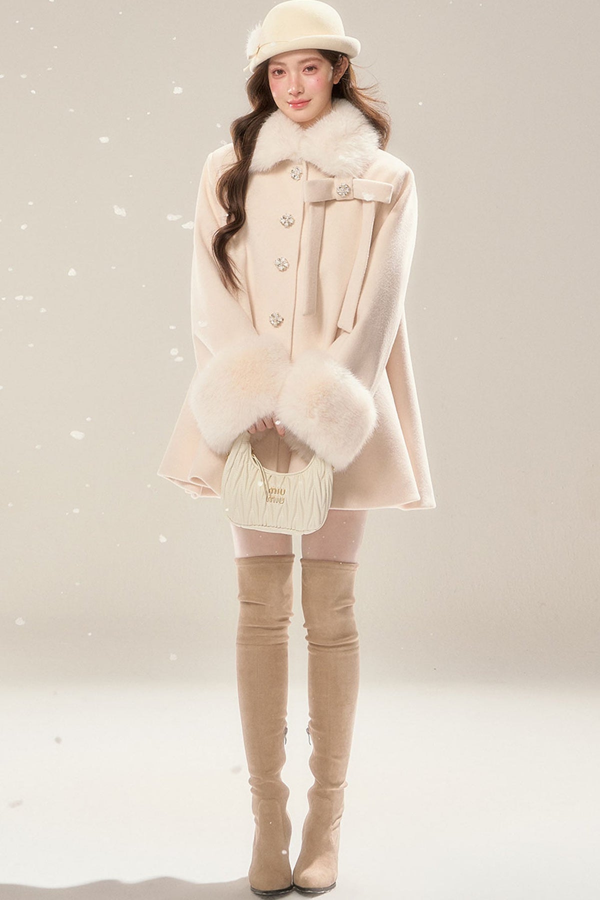 Red Faux Fur Trim Cape Coat