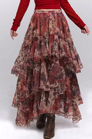 Red Floral Tiered Skirt