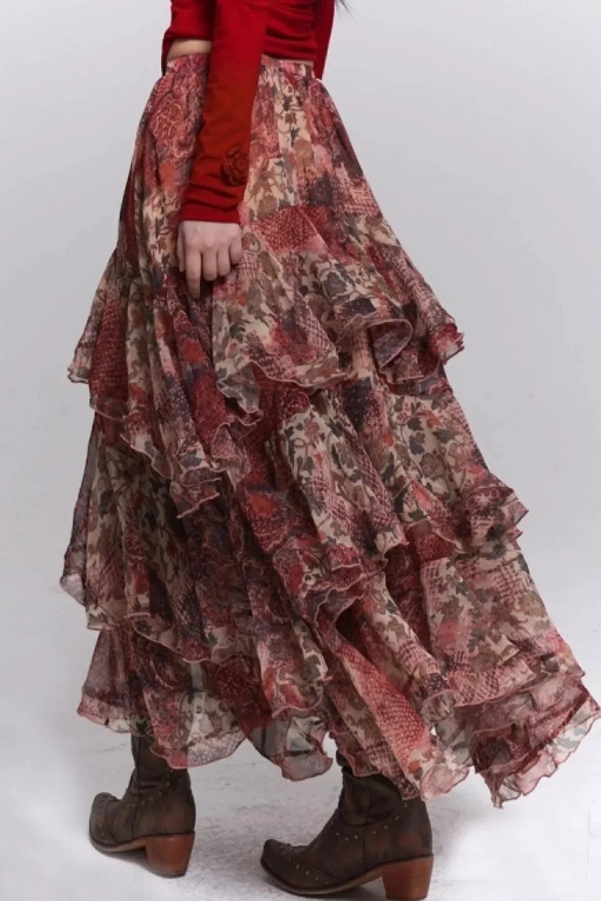 Red Floral Tiered Skirt