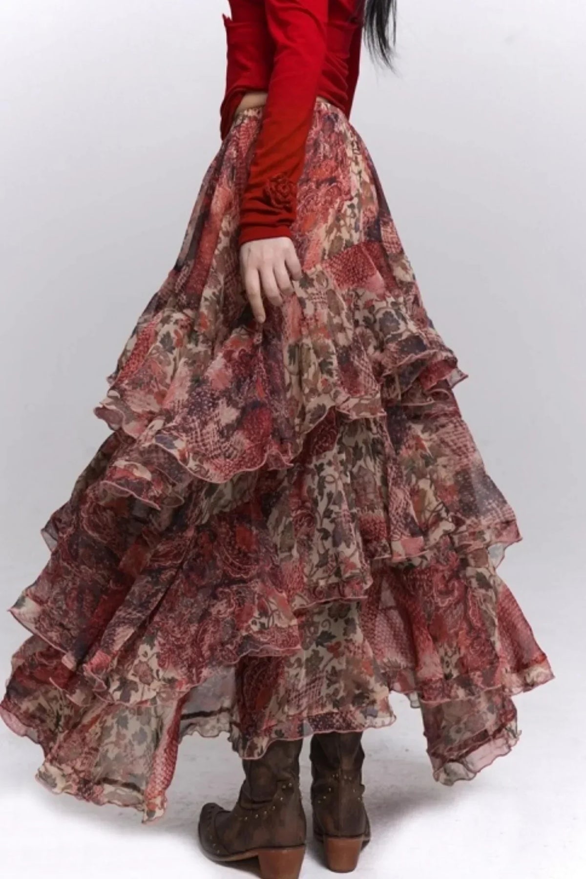 Red Floral Tiered Skirt