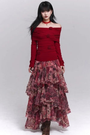 Red Floral Tiered Skirt