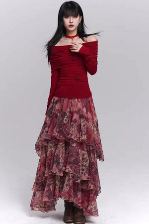 Red Floral Tiered Skirt