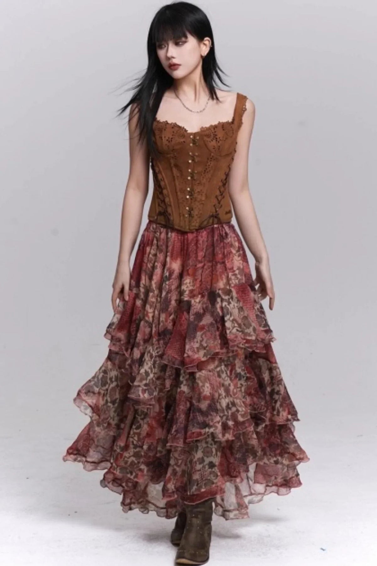 Red Floral Tiered Skirt