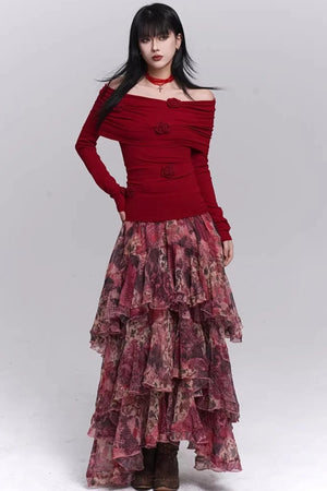 Red Floral Tiered Skirt