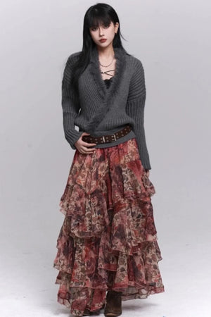 Red Floral Tiered Skirt