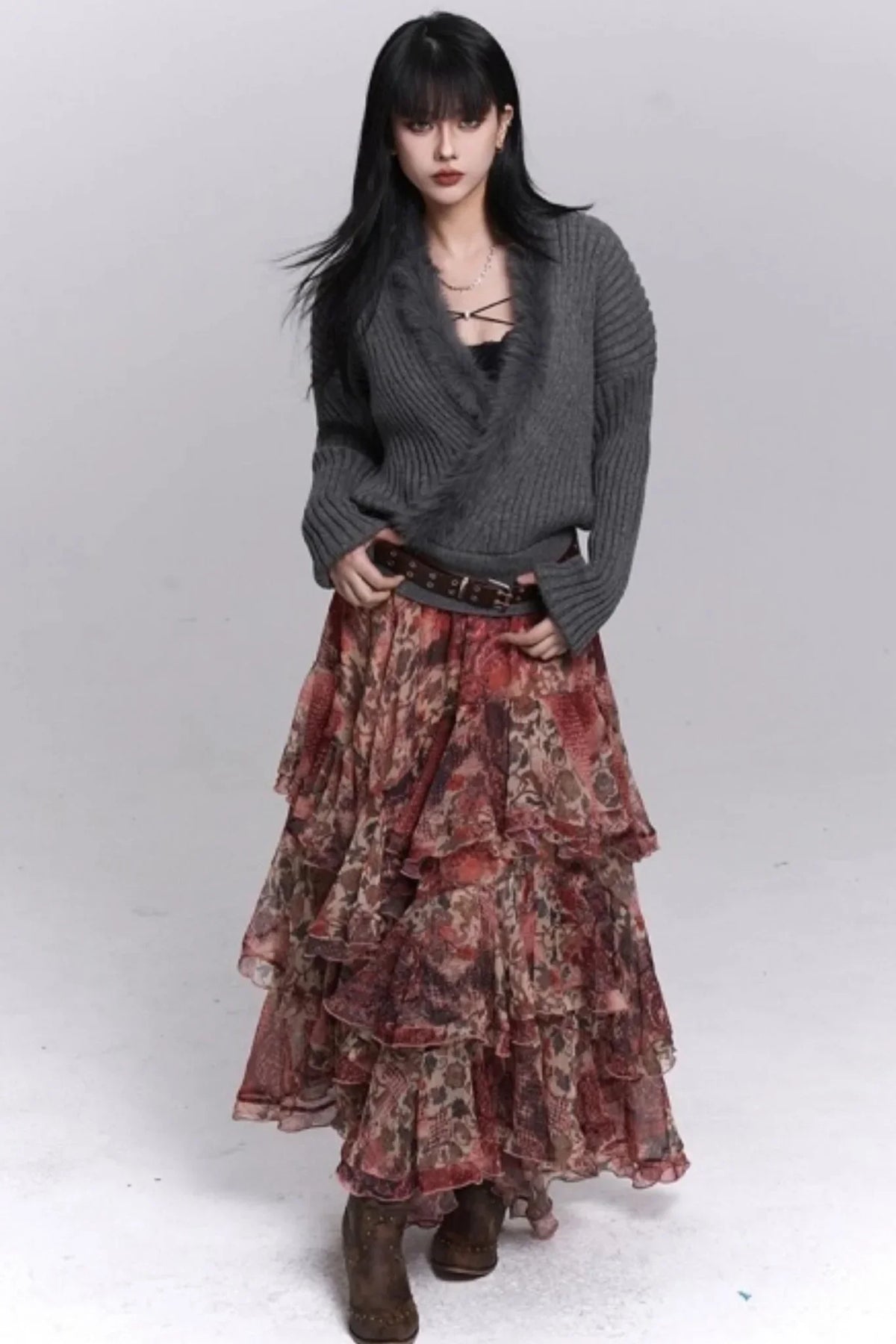 Red Floral Tiered Skirt