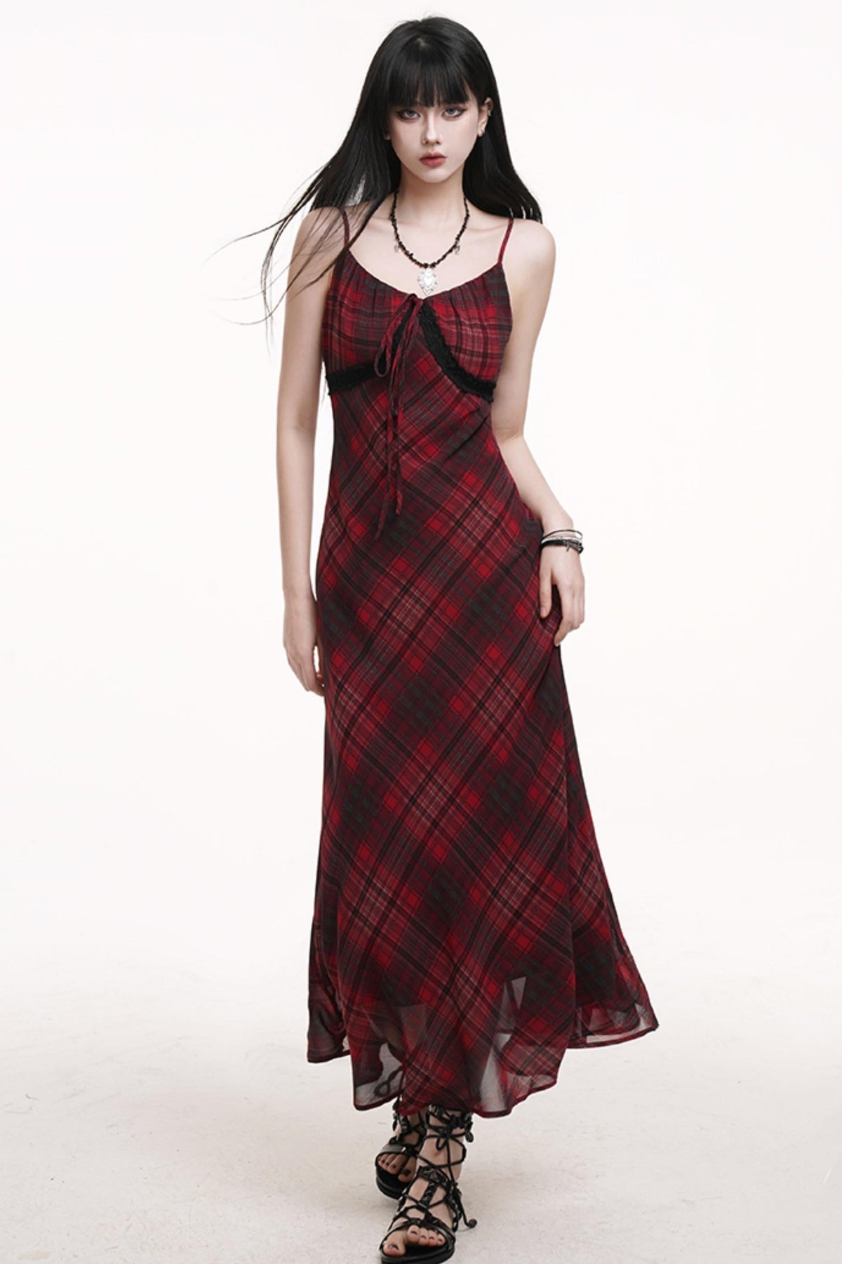 Red Grid Long Dress
