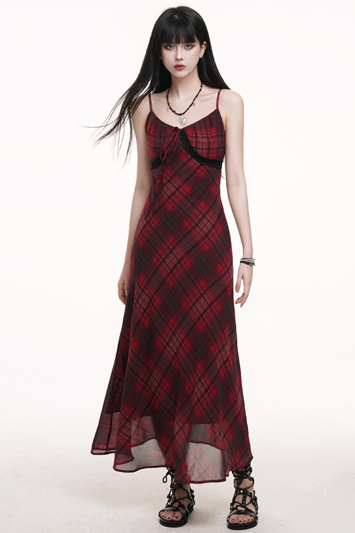 Red Grid Long Dress