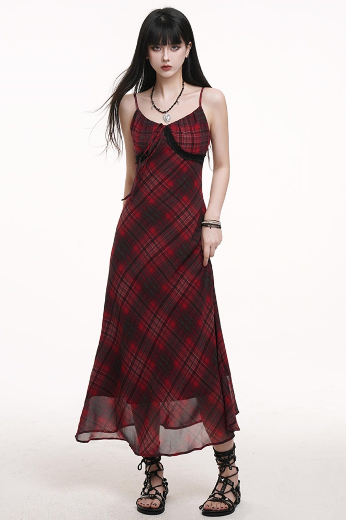 Red Grid Long Dress