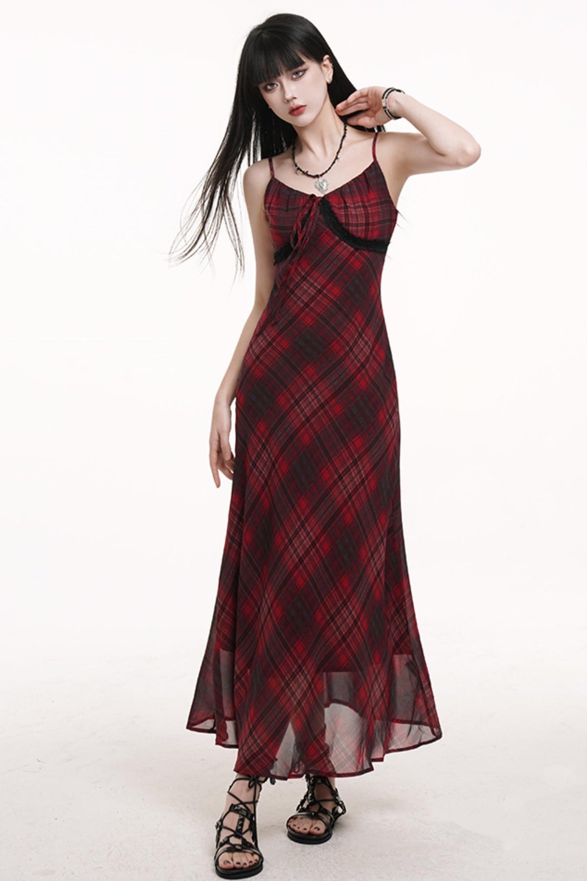Red Grid Long Dress