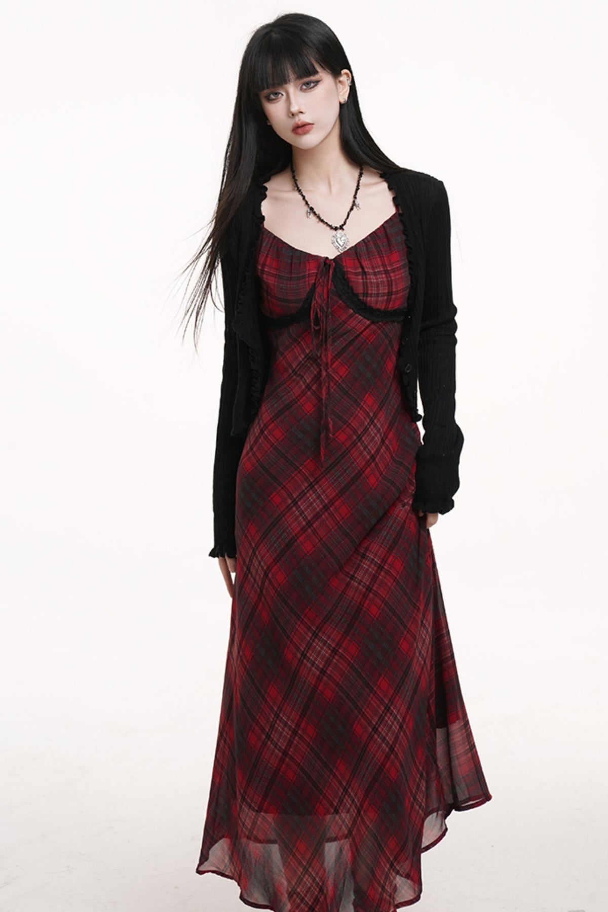 Red Grid Long Dress