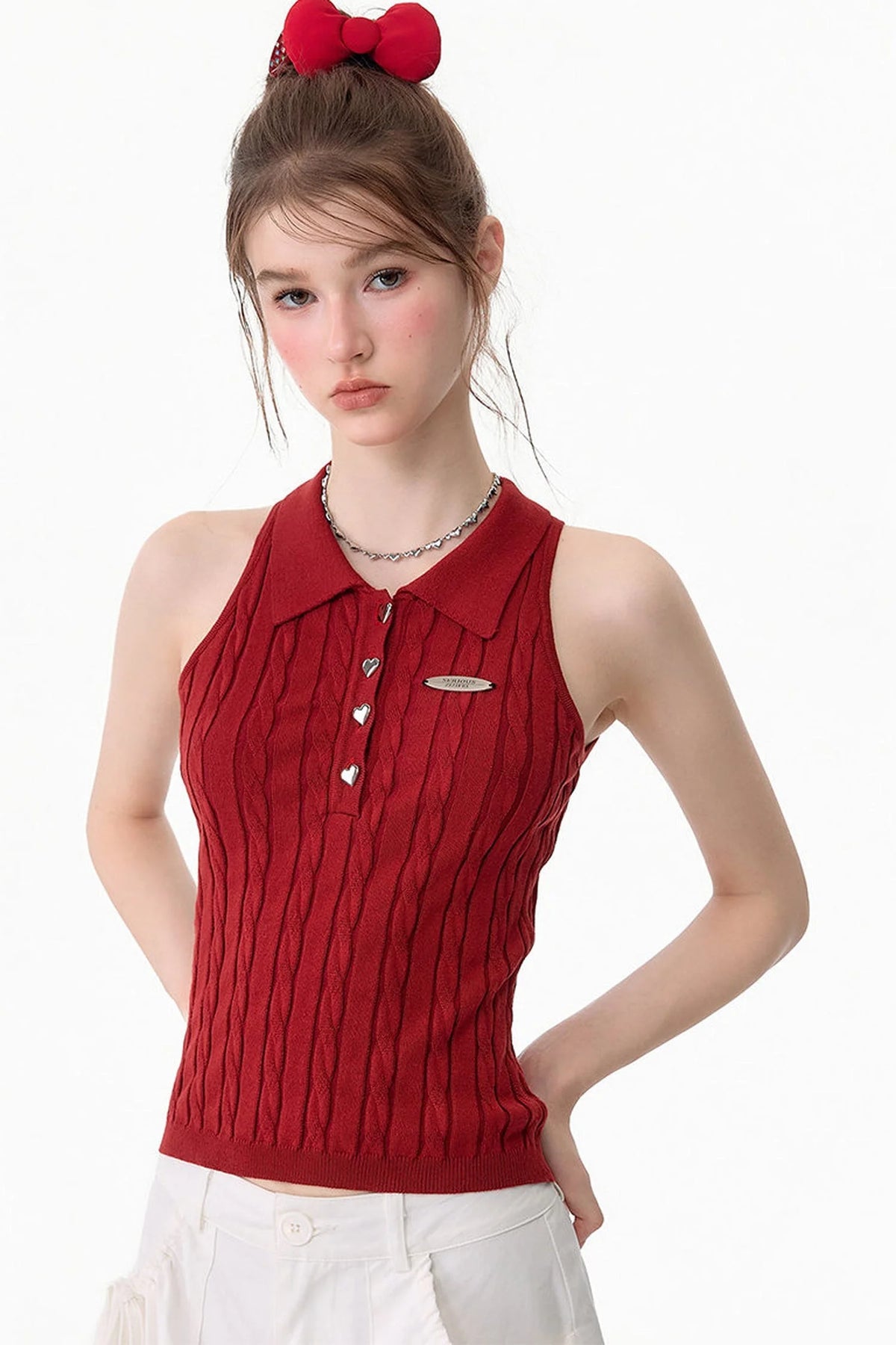 Red Knit Polo Collar Tank Top