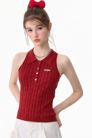 Red Knit Polo Collar Tank Top