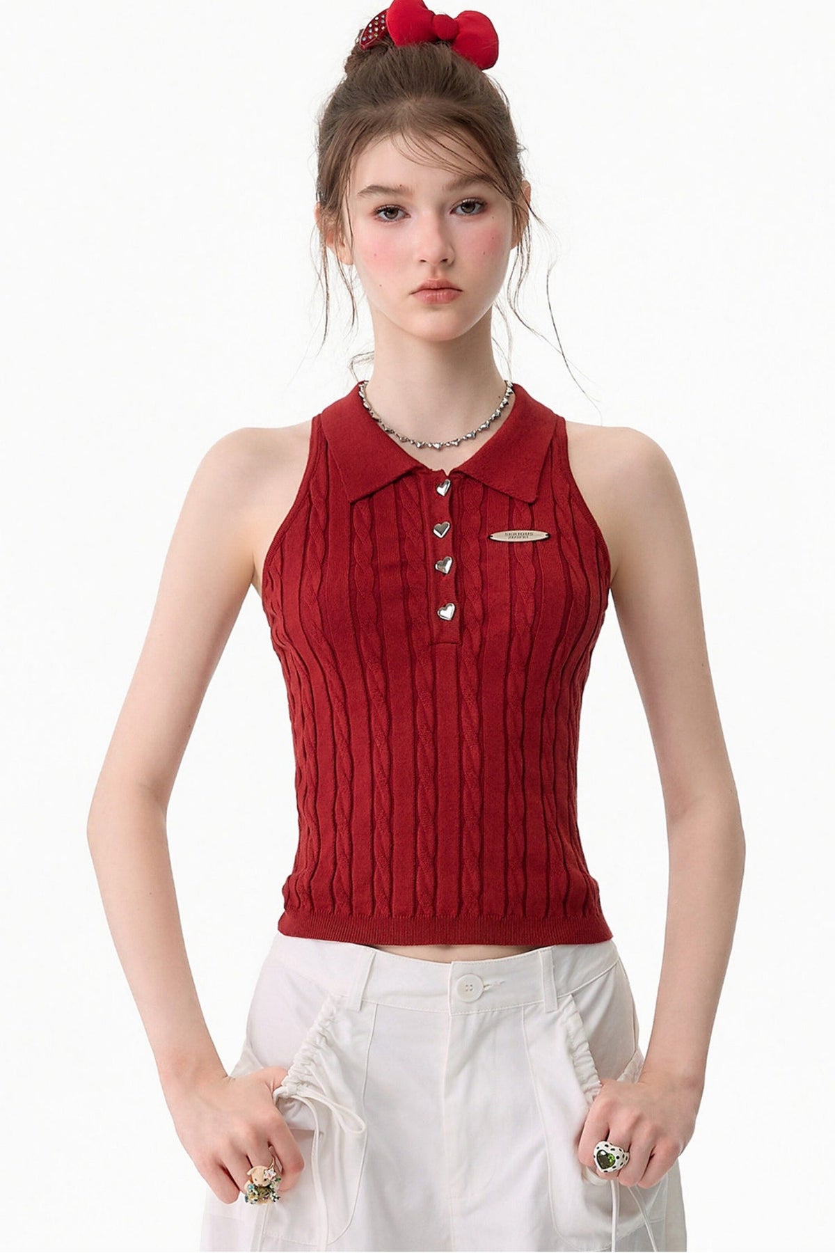 Red Knit Polo Collar Tank Top