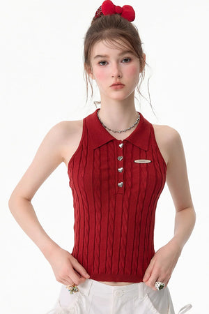 Red Knit Polo Collar Tank Top