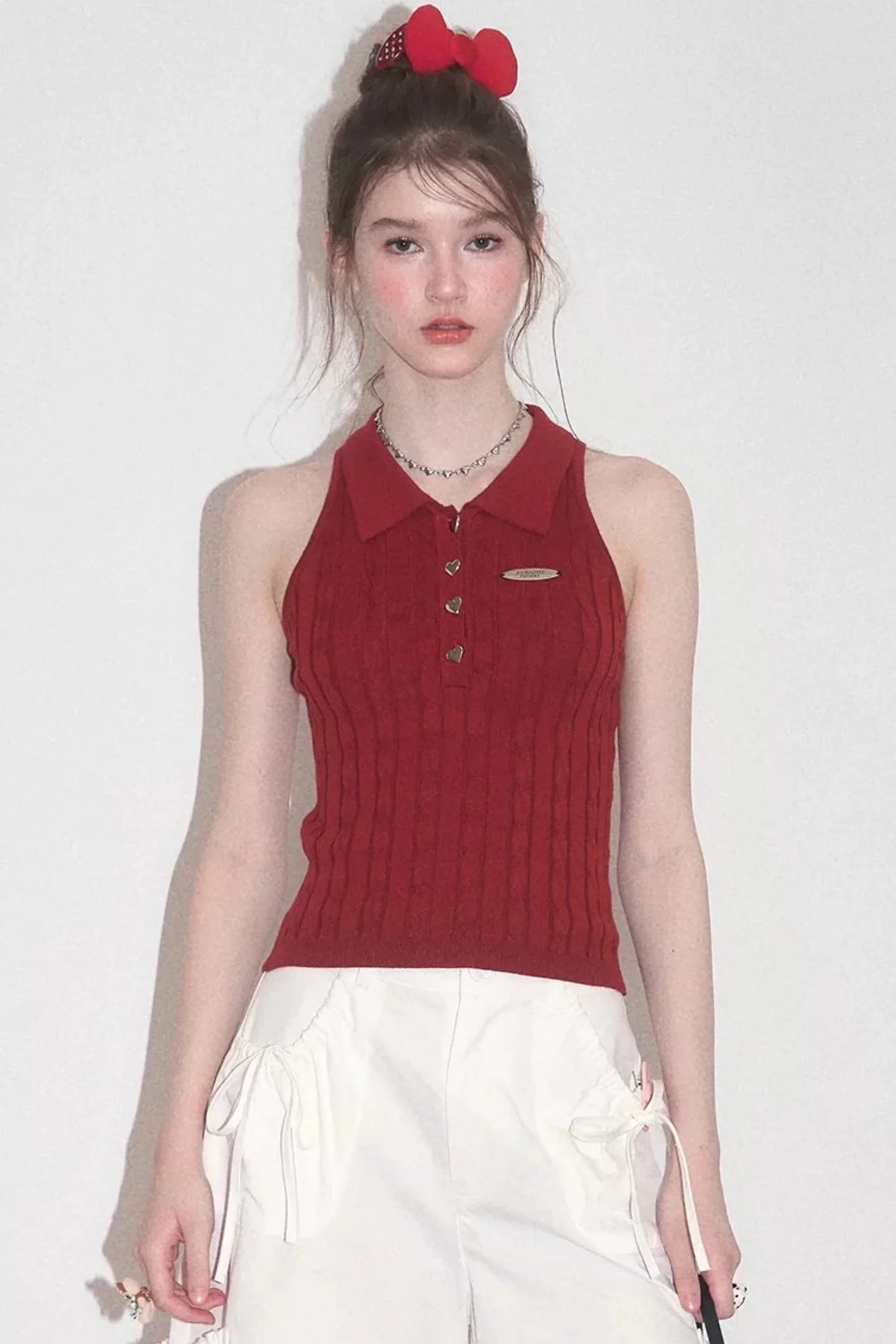 Red Knit Polo Collar Tank Top