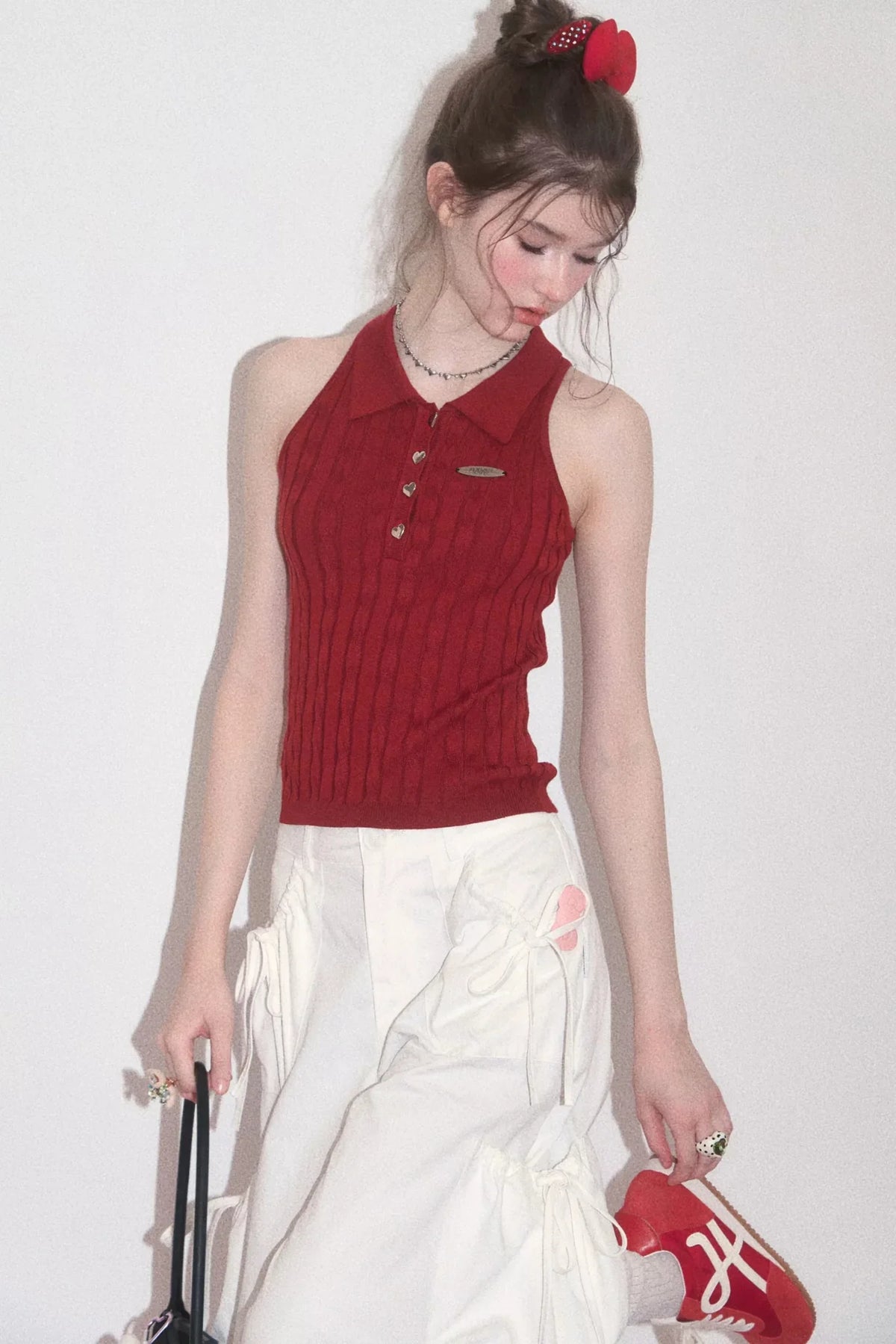 Red Knit Polo Collar Tank Top
