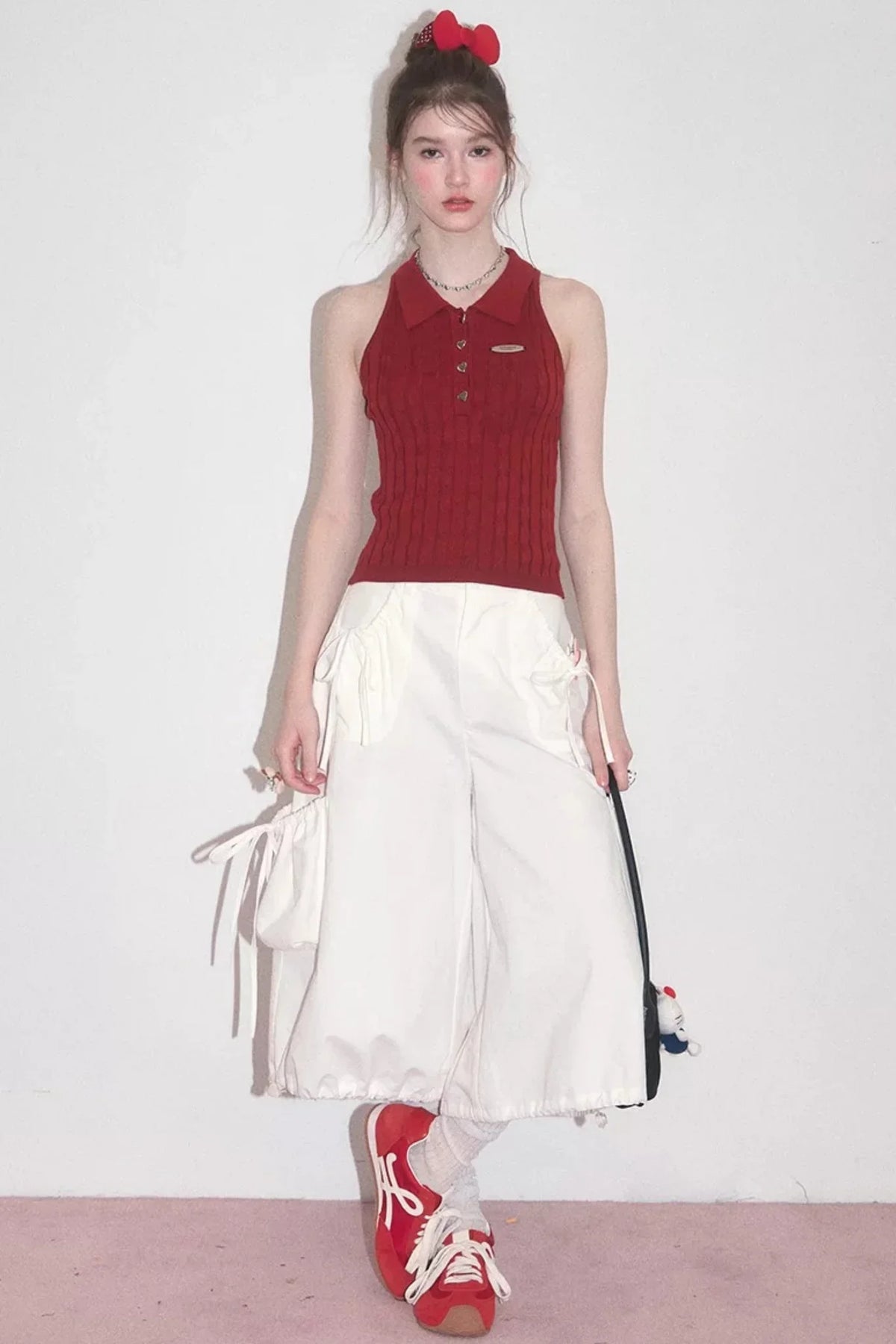 Red Knit Polo Collar Tank Top