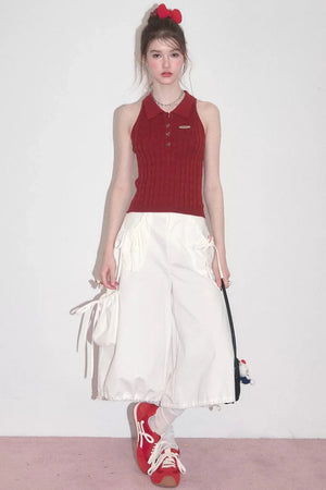 Red Knit Polo Collar Tank Top
