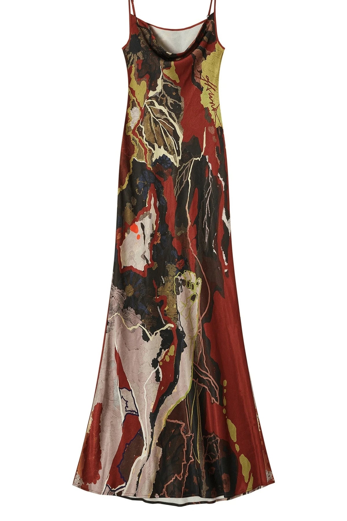 Red Oil Painting Satin Cowl Neck Dress