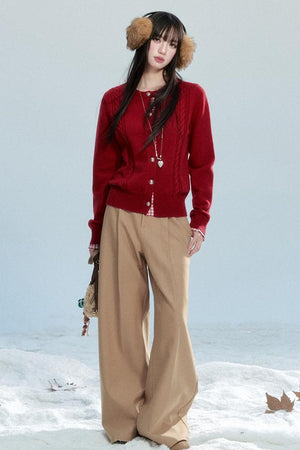 Red Patchwork Knit Cardigan