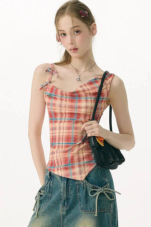 Red Plaid Bowknot Tank Top