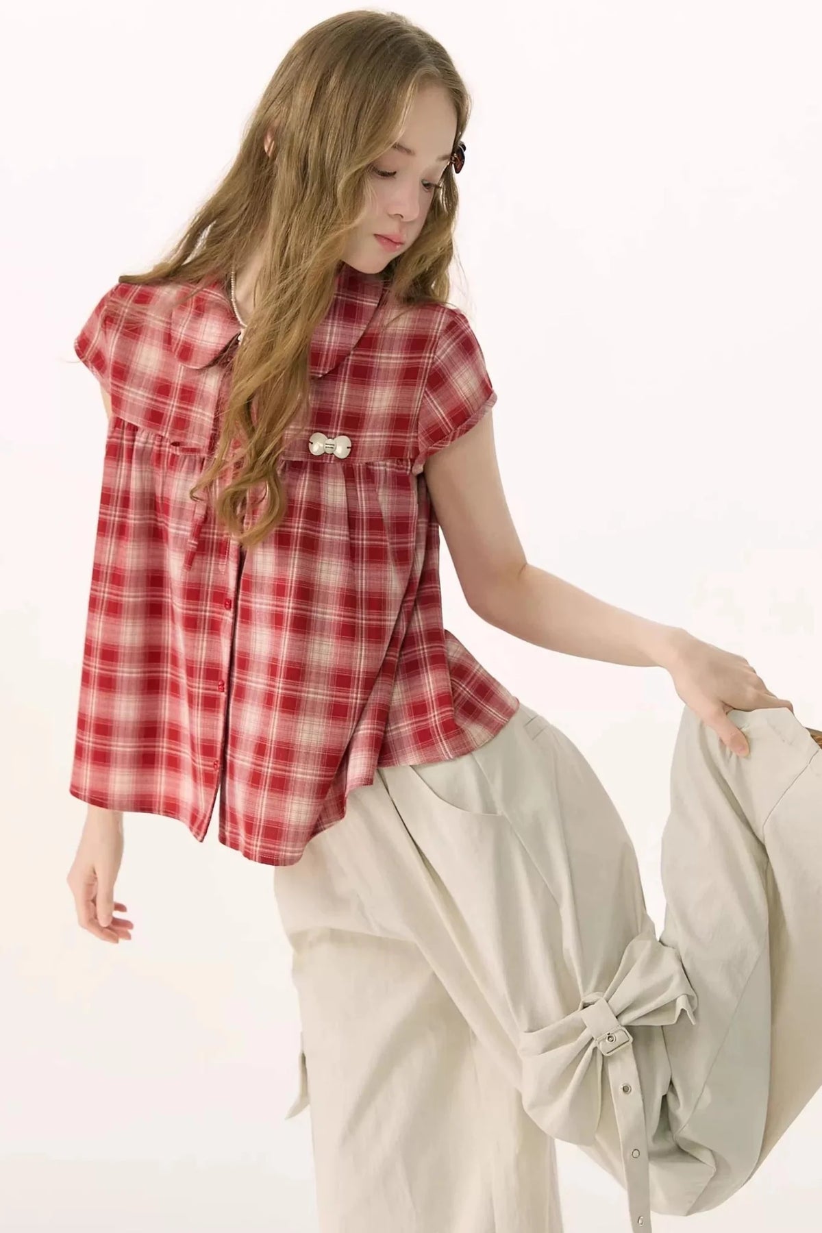 Red Plaid Doll Collar Shirt