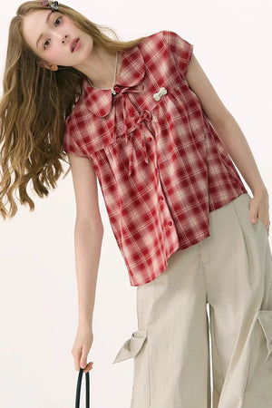 Red Plaid Doll Collar Shirt
