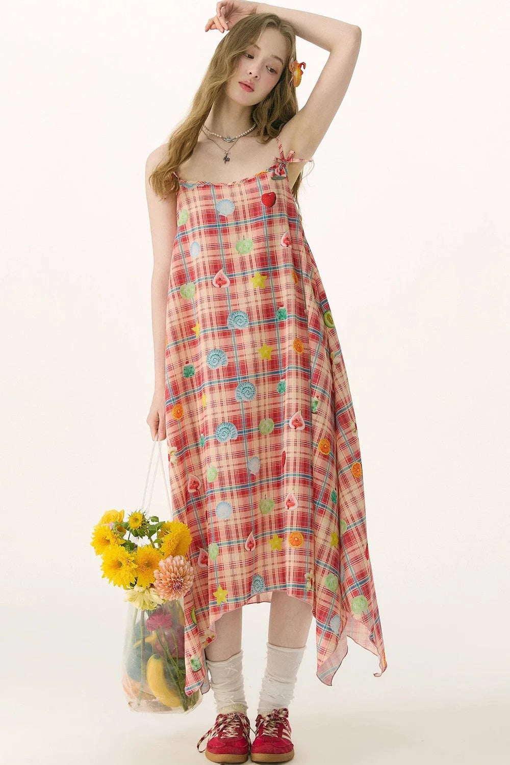 Red Plaid Long Camisole Dress