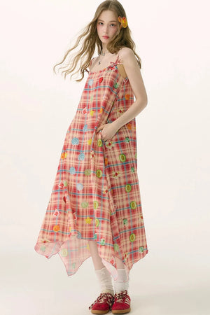 Red Plaid Long Camisole Dress