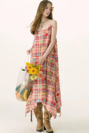 Red Plaid Long Camisole Dress