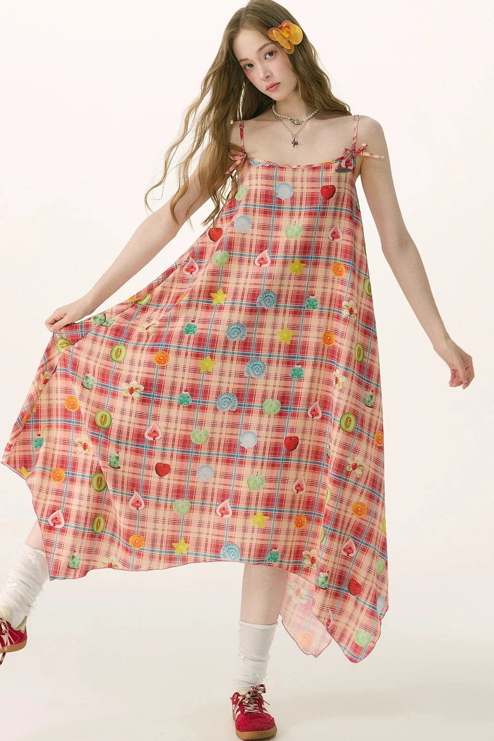 Red Plaid Long Camisole Dress