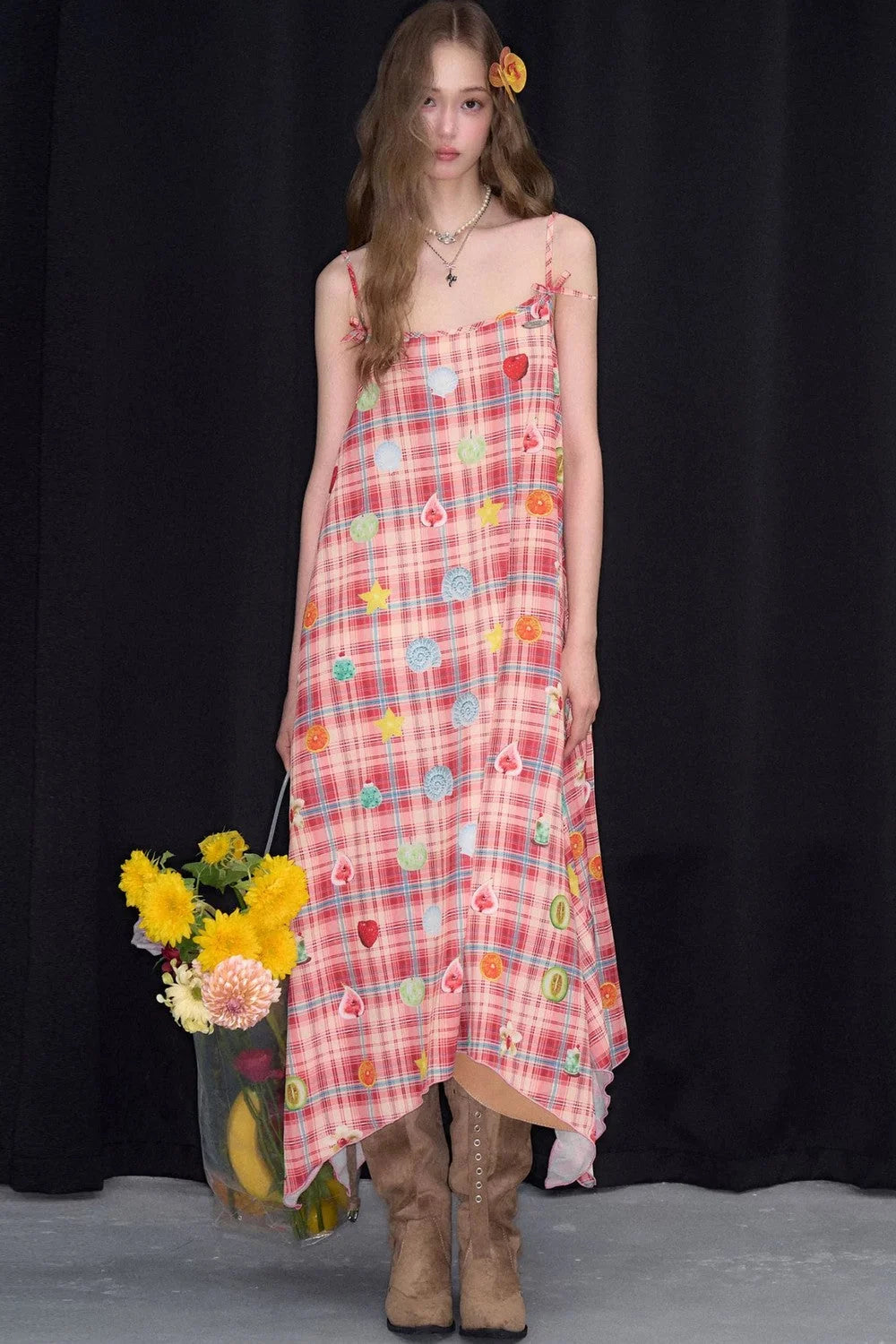 Red Plaid Long Camisole Dress