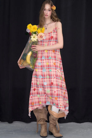 Red Plaid Long Camisole Dress