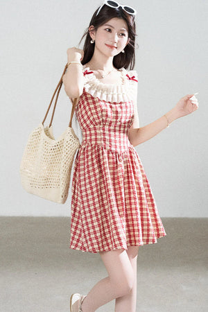 Red Plaid Sleeveless Ruffle Dress